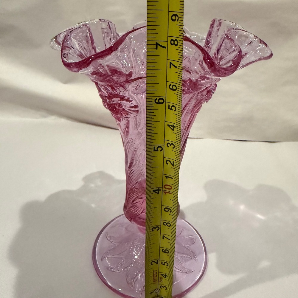 Fenton Empress Rose Pink Glass Vase Daffodil Embossed Ruffled Crimped Footed - Picture 7 of 8